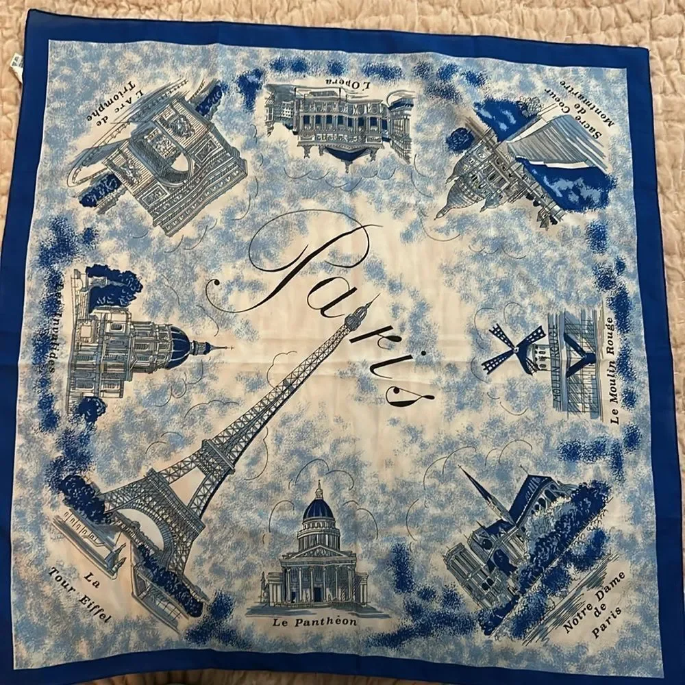 Paris Landmark Silk Scarf - Blue & White